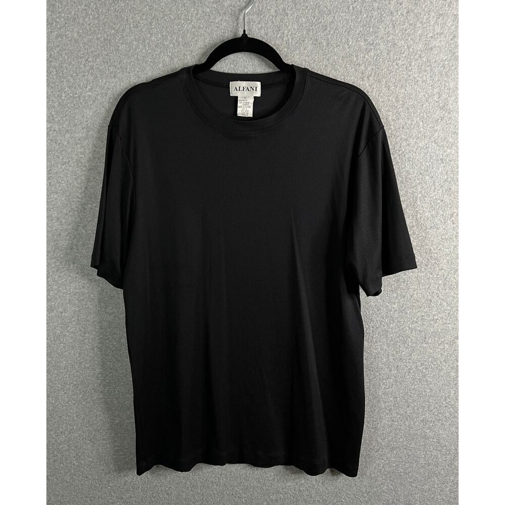 Alfani Mens Black Stretch Knit Shirt Ribbed Short Sleeve Crew Neck Size L